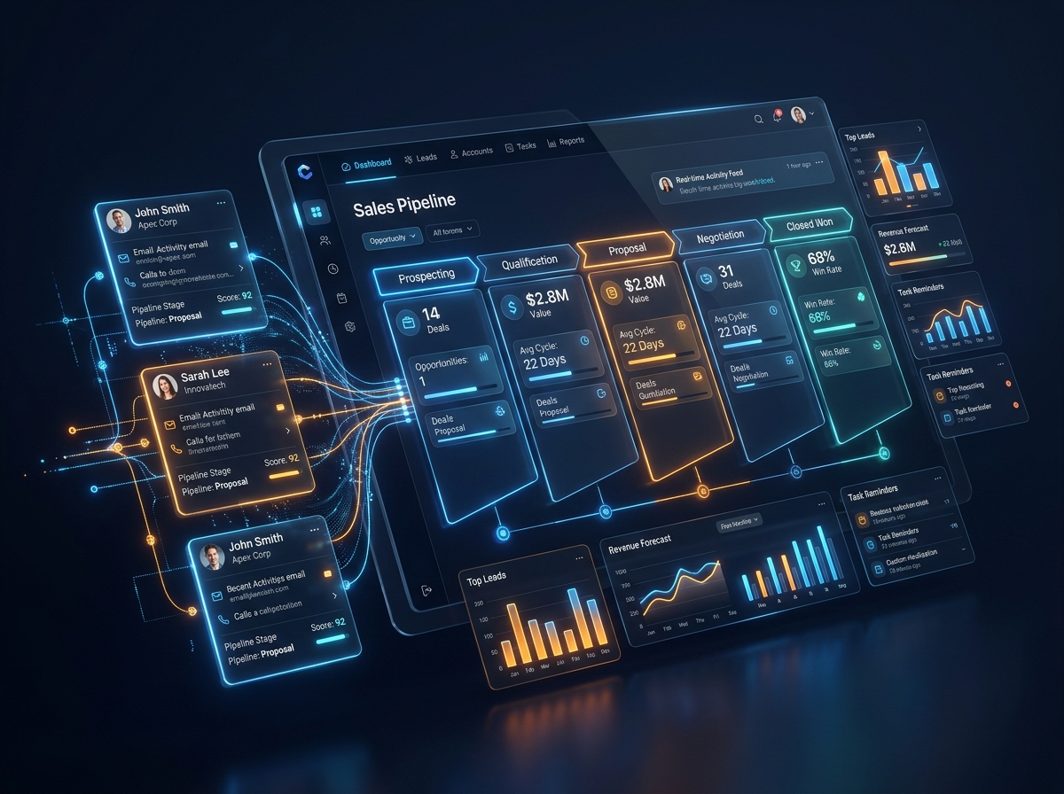 Custom CRM Software Development high-tech illustration